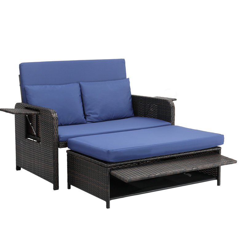 Canapé-lit de patio en PE rotin avec dossier ajustable en rotin et repose-pieds avec rangement, Bleu, Noir