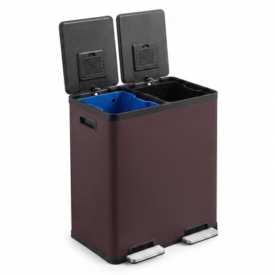 Poubelle à pédale double compartiment de 60 litres (16 gallons), bac de recyclage avec couvercle à fermeture amortie et seaux intérieurs amovibles, brun