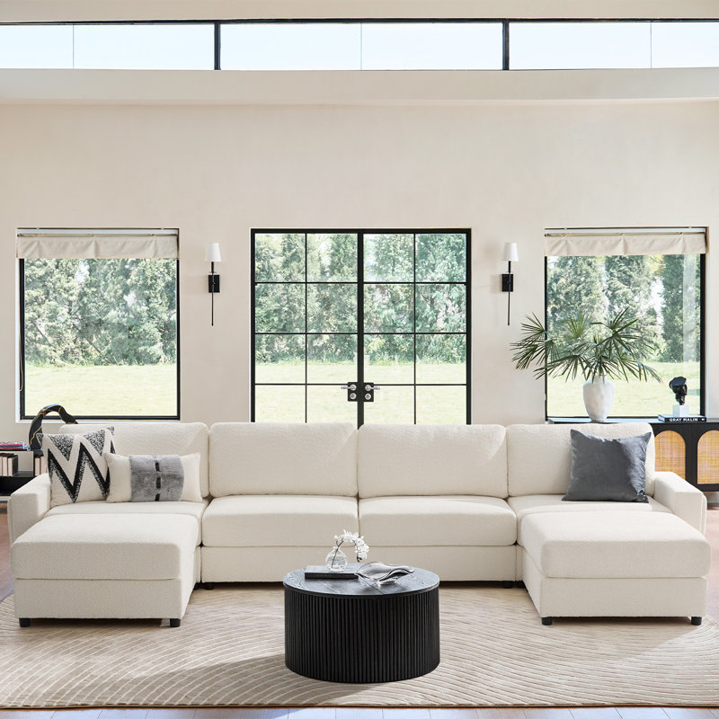 Grandon 162" Modern 6-Piece Modular Sectional Sofa with Two Ottomans, Ivory Polyester