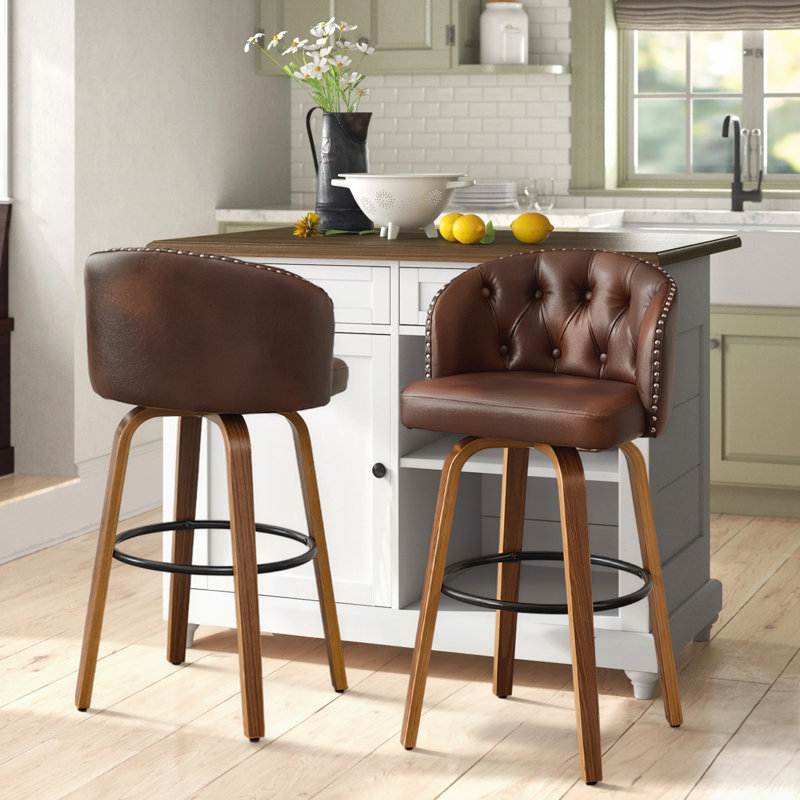  Tabouret de comptoir pivotant en similicuir brun de 25,5 po avec structure en bois massif, Brun