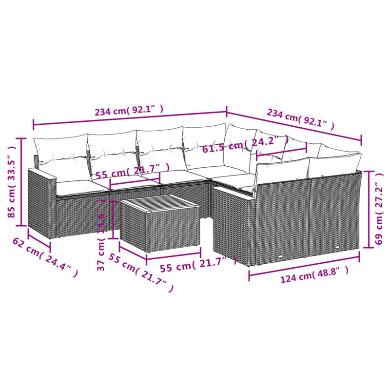 Vidaxl Garden Sofa Set Grey PE Rattan 9 Piece Set Modular