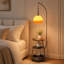 Lampe sur pied en arc de 160 cm avec abat-jour globe en verre ambré et table d'appoint de rangement à 2 niveaux