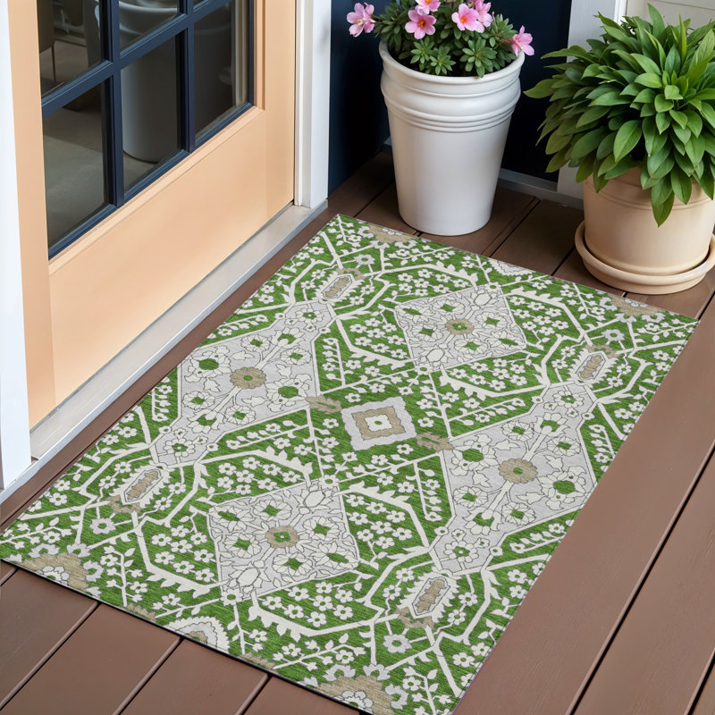 Tapis extérieur lavable floral gris et taupe 3 pi x 5 pi
