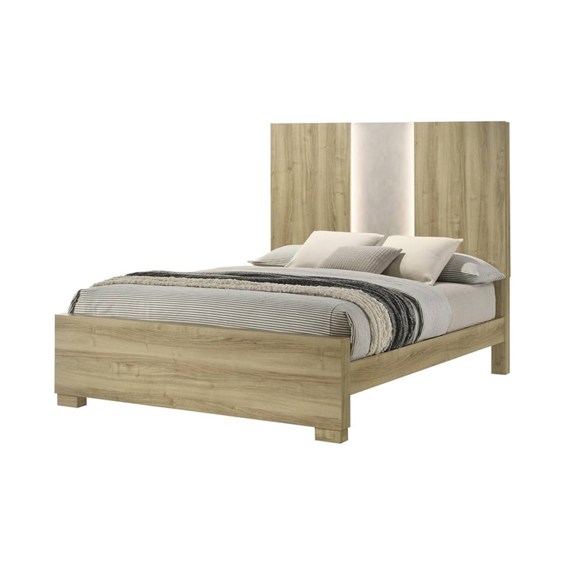 Lit Amey avec éclairage intégré, garniture, bois flottant, Grand, Blanc / brun naturel