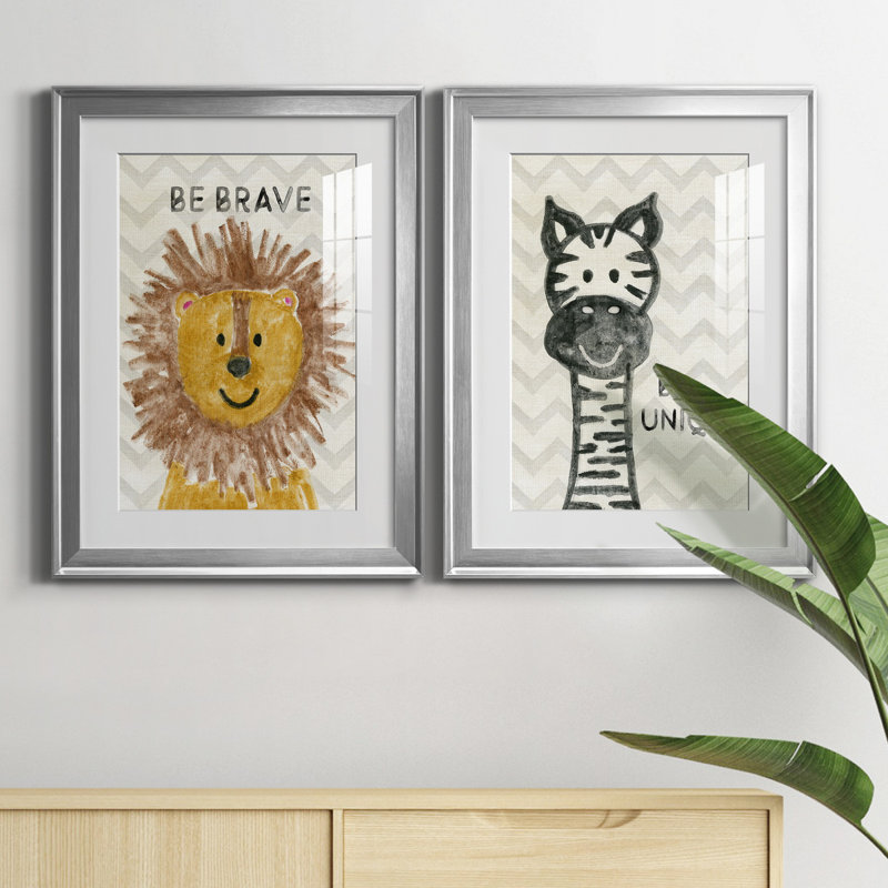 Safari Be Brave - ensemble de 2 reproductions, H 22,5 po x l 61 po x P 1,5 po, Papier avec cadre argenté, Blanc