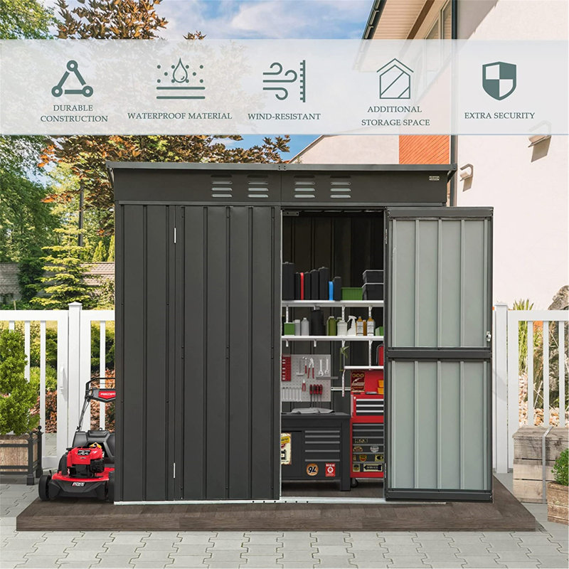 Backyard Storage Shed With Sloping Roof Galvanized Steel Frame Outdoor Garden Shed Metal Utility Tool Storage Room With Latches And Lockable Door