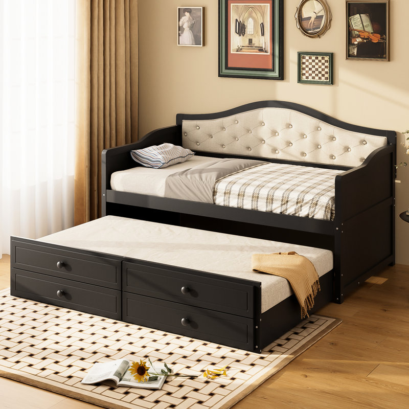 Lit de jour simple avec lit gigogne et deux rangements, dossier capitonné, idéal pour les chambres familiales