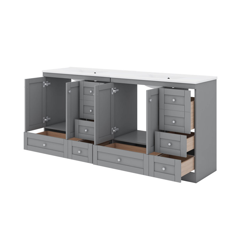 Armoire de meuble-lavabo autoportante de style shaker de 72 pouces avec lavabo en céramique, tiroirs à fermeture en douceur et portes à fermeture en douceur