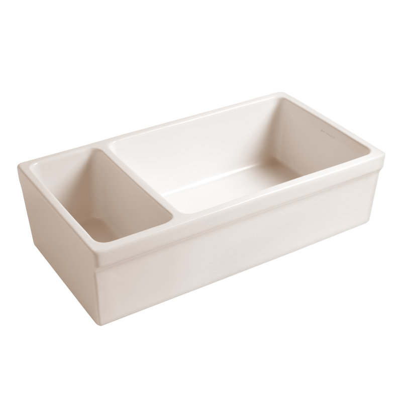 Whitehaus 36" Reversible Large and Small Bowl Fireclay Kitchen Sink: 2-1/2” Lip Front Apron, Biscuit