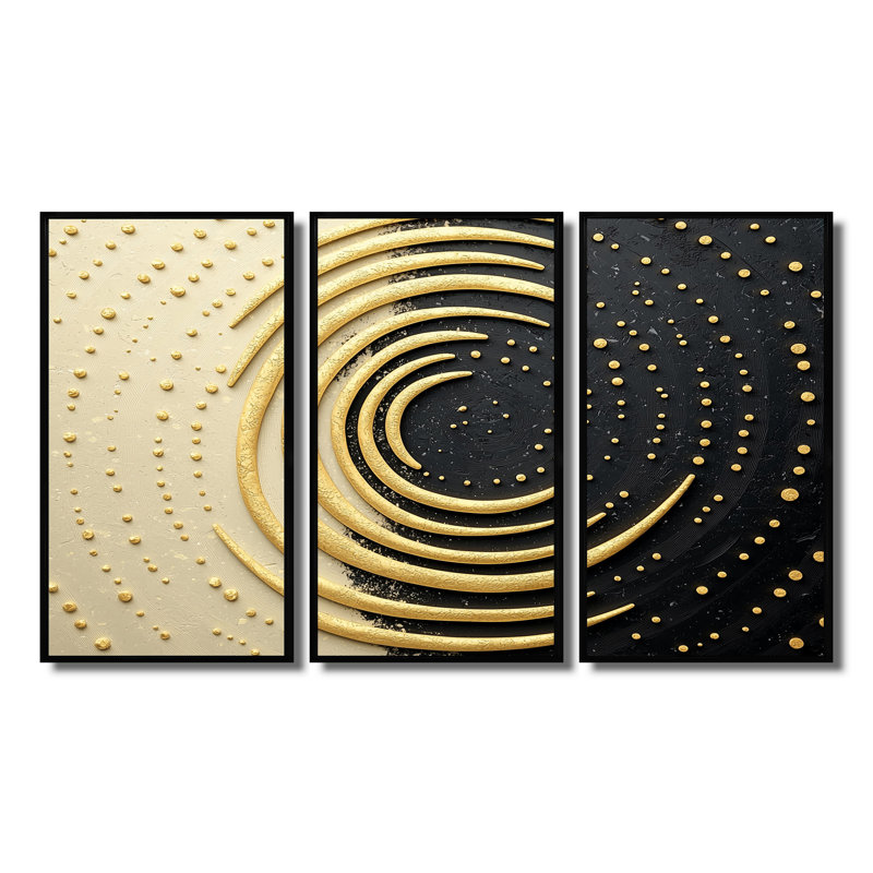 Tourbillon galactique noir et or - ensemble de spirales abstraites, H 28 po x l 36 po x P 1 po