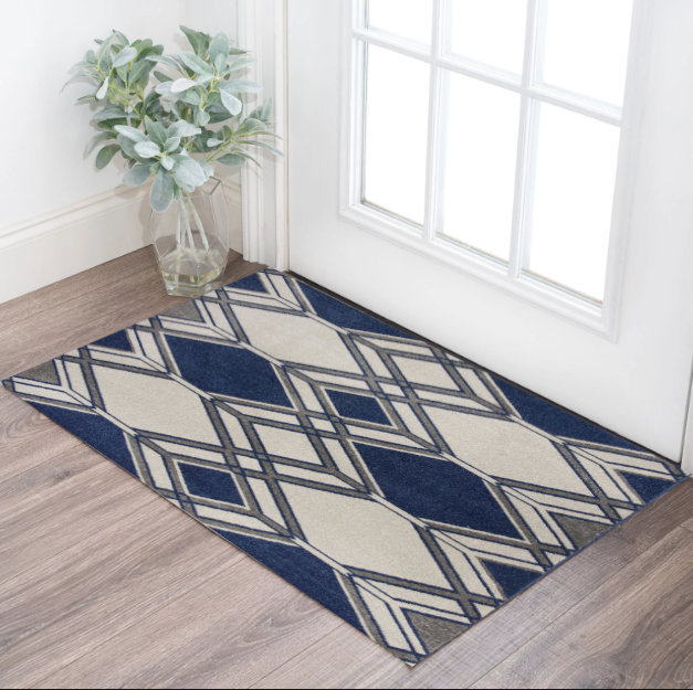 Tapis ivoire à motif géométrique, Rectangle 3 pi 3 po x 4 pi 1 po