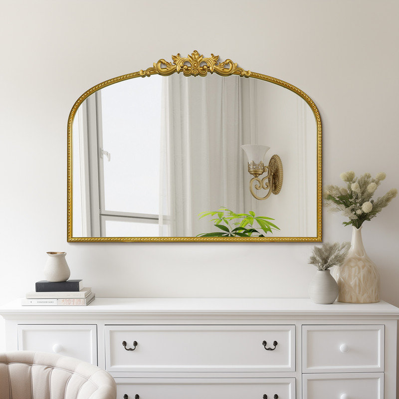 Vintage Floral Arch Iron Frame Mirror, 32" x 24", Gold