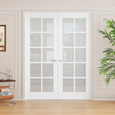 Interior 10-Lite Frosted Glass Door, CARB P2 MDF & SGCC Tempered Glass French Doors, Satin Nickel Hardware-Privacy Door Lever with Lock, Latch & Hinges, Pre‑Finished & Waterproof, Pantry, Bedroom, Bathroom & Closet, Easy DIY Stain, 64"x 80"