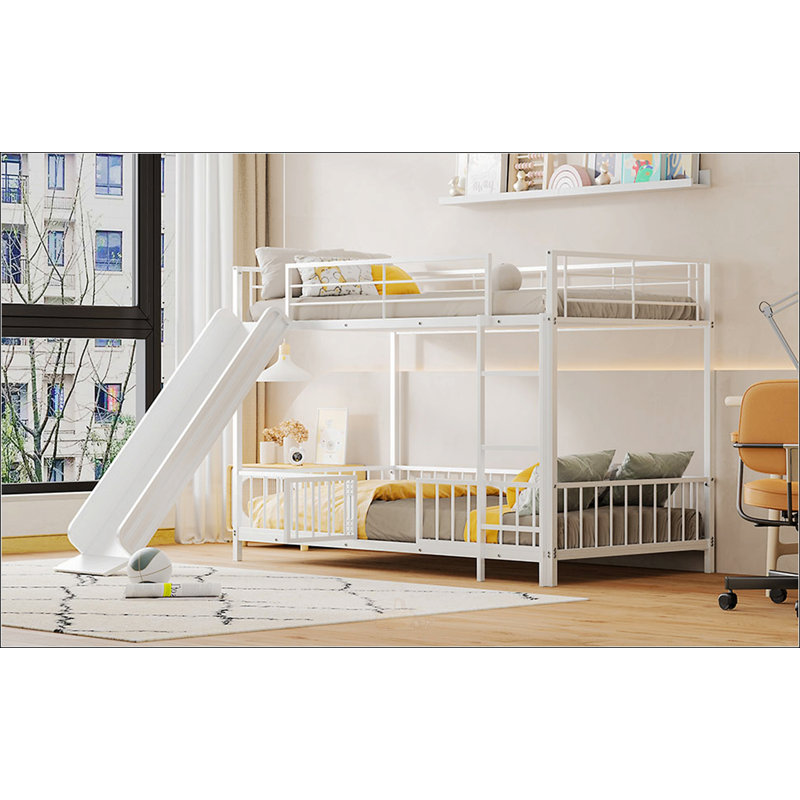 Twin Over Twin Size Metal Bunk Bed With Slide And Guardrails