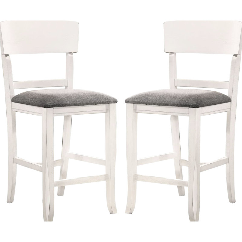 2 chaises de salle à manger à hauteur de comptoir - siège en bois massif blanc et tissu rembourré gris de style contemporain 2