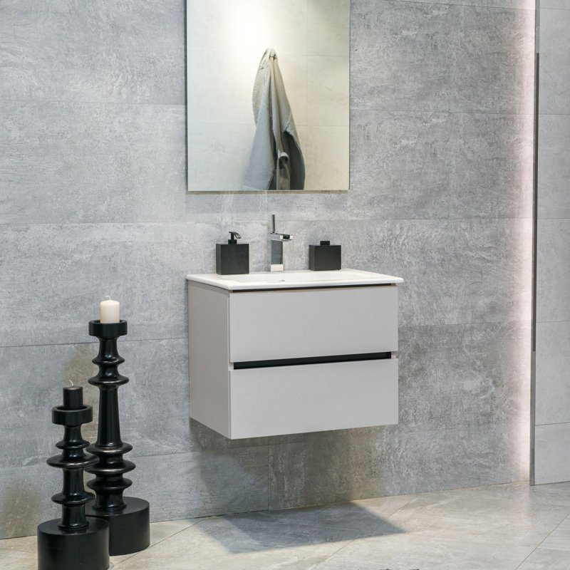 Relja Veneto 24″ Wall Mount Single Bathroom Vanity with Ceramic Top, Matte Cashmere, White