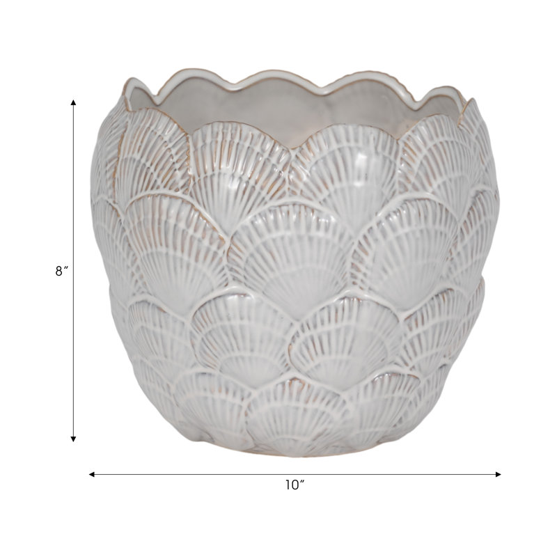 Stoneware Ceramic Planter with Embossed Scale Texture and Scalloped Rim Decorative Modern Pot, 8" H x 10" W x 10" D