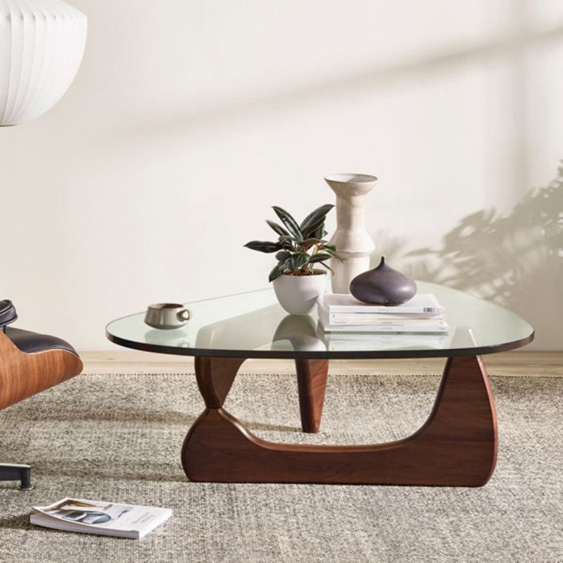 Triangle Glass Coffee Table with Wooden Base Clear Glass Top Mid-Century Abstract Glass Table, Dark Walnut