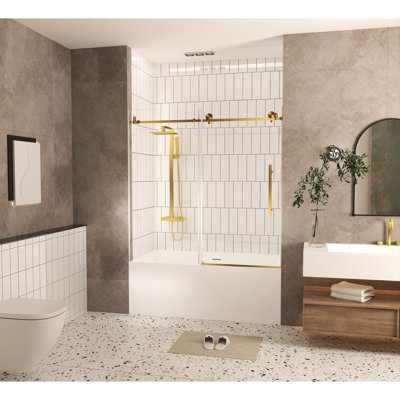 Grande porte de douche de 60 po de largeur 56 po, verre trempé transparent de 6 mm, film de protection, poignée en acier inoxydable doré brossé, bonne transmittance, convient pour la salle de bain, glissières à mouvement rond l x H 1/4 po, 6 mm