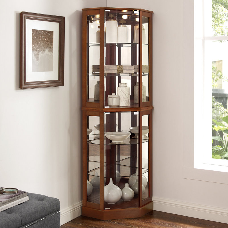 Vitrine de coin à 6 tablettes avec lumières, miroirs et tablettes réglables, noyer (ampoule E26 non incluse), Noyer