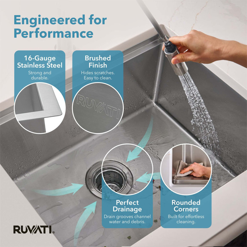 Ruvati Workstation Rounded Corners Undermount Ledge Kitchen Sink with Accessories, 10" H x 19" W x 27" L