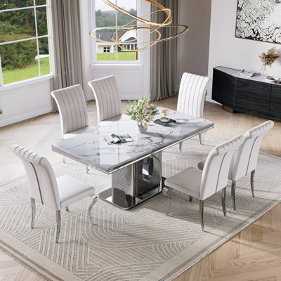 70.08”Faux Marble Top Pedestal Dining Table Set