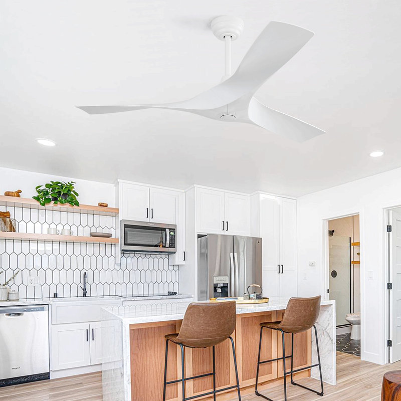 52 Inch Ceiling Fan Without Light 6 Wind Speed Timing Function 3 Solid Wood Blade Reversible Dc Motor, White, White