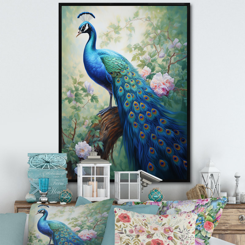 Arrandale Blue Ink Wash Peacock III - Print, 32" H x 24" W, Black Floater Framed