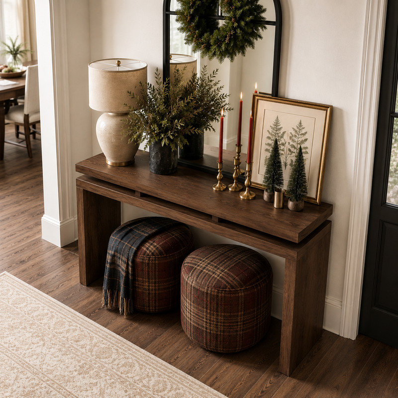 60'' Antique Brown Farmhouse Console Table - Retro Wooden Entryway Table with Double Board Suspension Design, Solid Wood & MDF