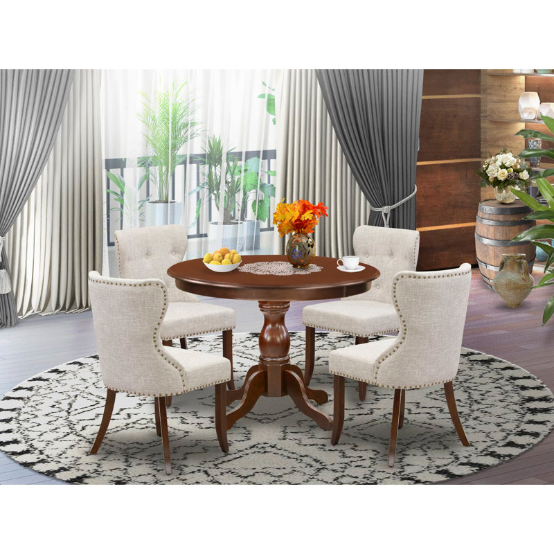 5 Piece Dining Room Table Set Includes a Round Kitchen Table with Pedestal and 4 Doeskin Linen Fabric Parsons Dining Chairs, Mahogany