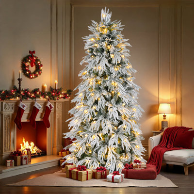 Arbre de Noël artificiel floqué mince préinstallé avec base en métal