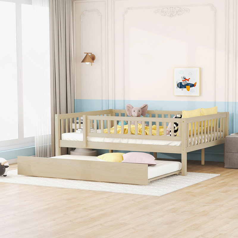 Wood Daybed With Trundle And Fence Guardrails, Full, Natural
