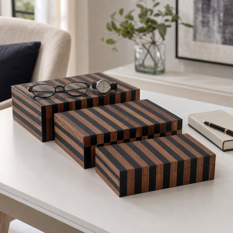 Boîtes de rangement décoratives en résine de bois à motif moderne rayé pour bureau à domicile, salon, ensemble de 3 - 4 ", 3" brun et noir