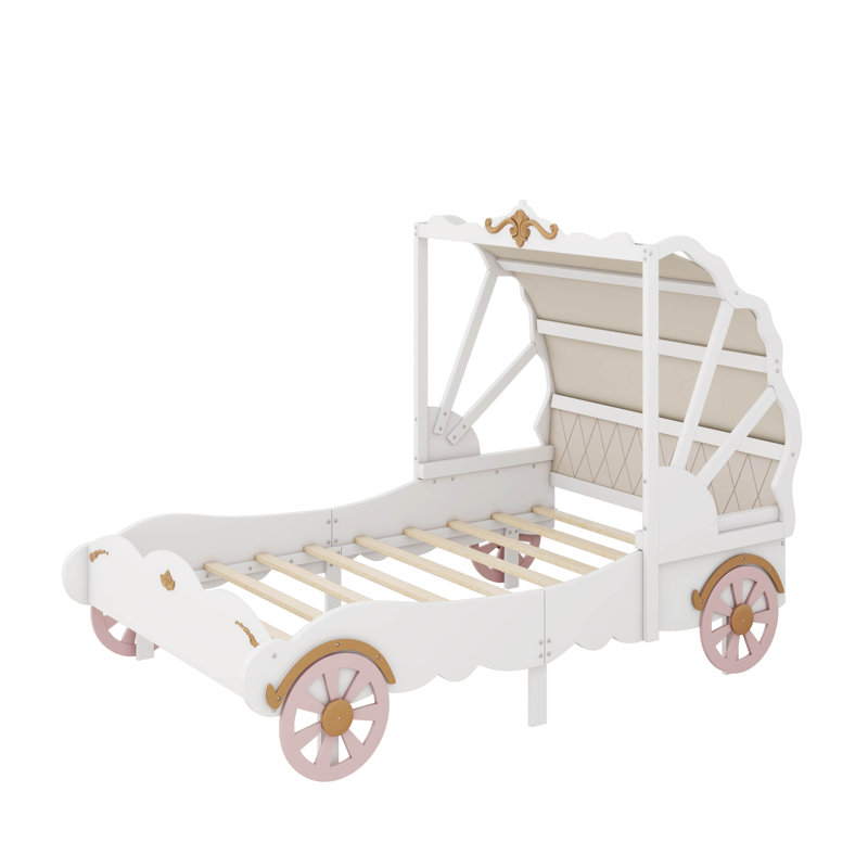 Lit plateforme en bois avec motif 3D Aaraiz, Simple, Blanc / beige