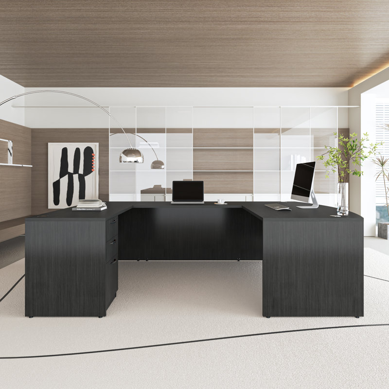 U-Shaped Executive Desk With File Cabinet, Gray