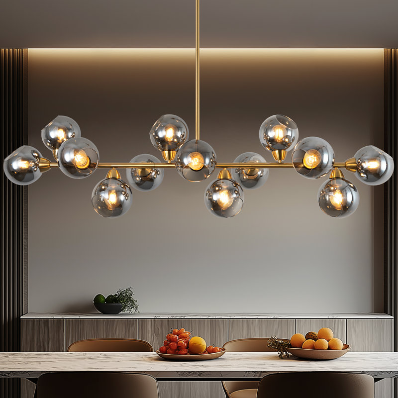 13- Light Dimmable Gold Chandelier Modern Chandelier Bubble Smoke Gray Glass Sputnik Linear Chandelier