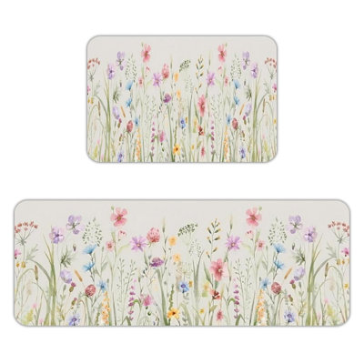 Watercolor Wildflower Kitchen Mats Collection, 2-Piece Non-Slip Flannel Rugs for Nursery