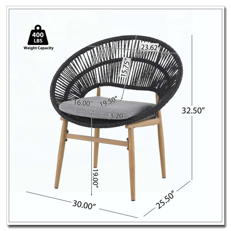 Chaise de salle à manger d'extérieur en osier de style papasan, Coussin gris/cadre noir