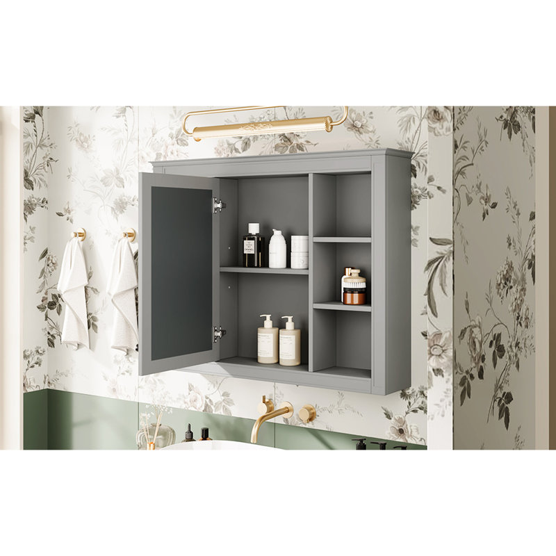 Wall Mounted Bathroom Cabinet With Mirror, 35''X27.5'', Vintage Handle, Ample Shelving, Grey Grey, Style Spacious Interior