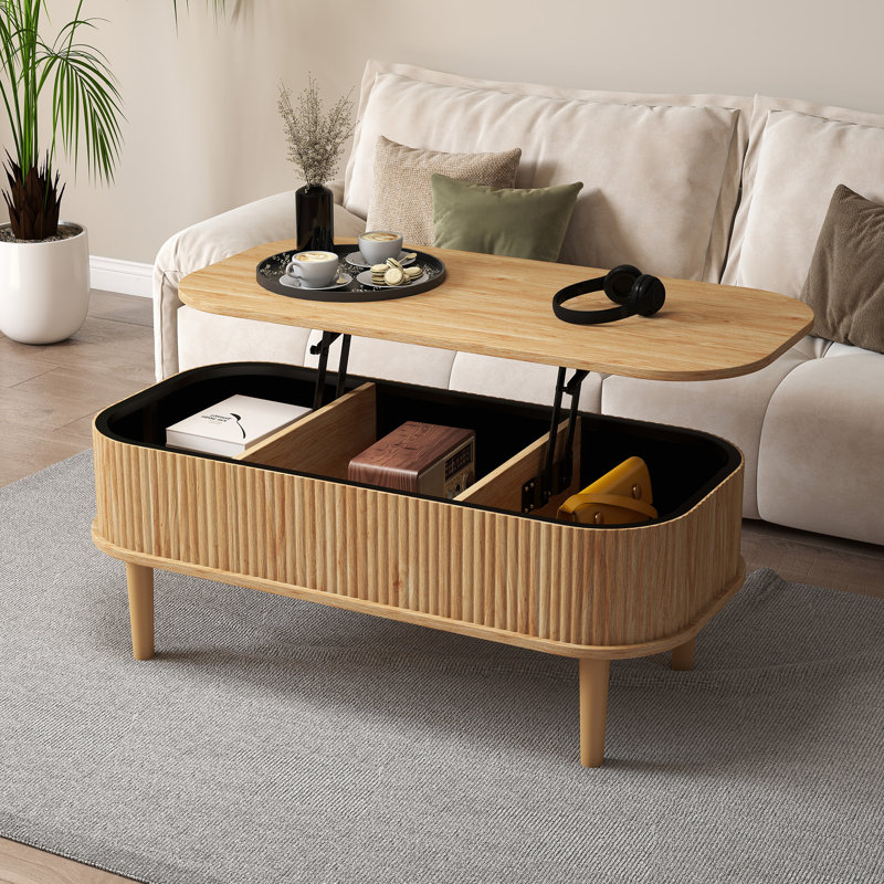 Fluted Lift Top Coffee Table, Modern Oval, Hidden Compartment, Oak, Living Room, Oak