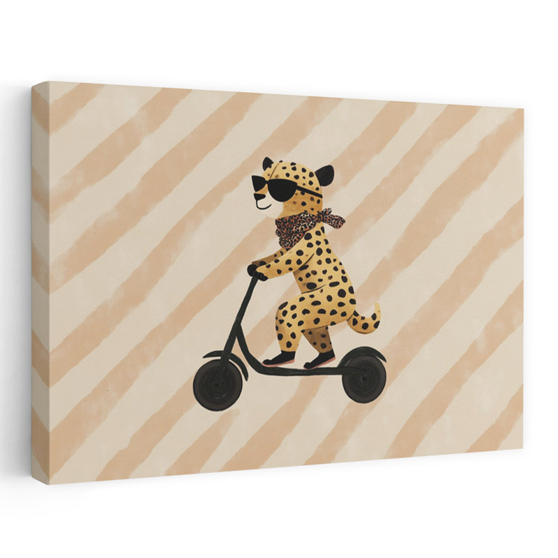 Cool Cheetah Scooter Modern Playful Whimsical Animal Wall Art Print by Mathieu - Wrapped Canvas Print, 60.96cm H x 91.44cm W