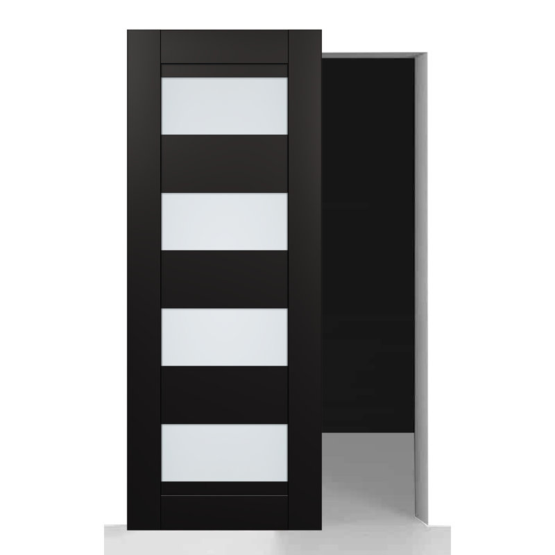 Porte de grange coulissante en verre givré et noyau en bois manufacturé Della 4-Lite pour murs avec plinthe et quincaillerie Della