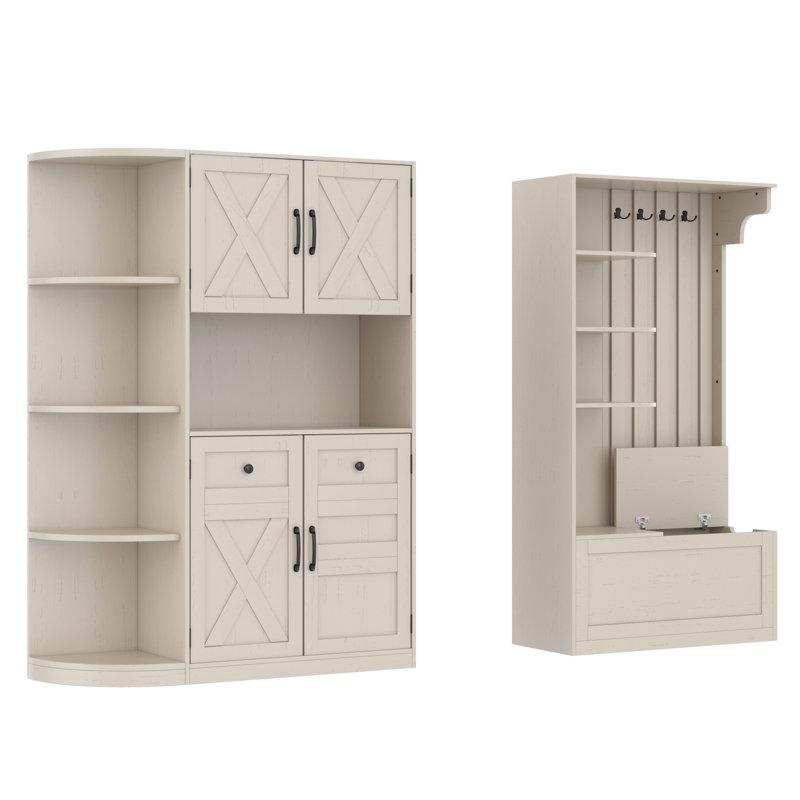 Armoire de couloir gauche / droite beige, rangement et suspension, 5 armoires, 8 tablettes, 4 crochets, imperméable, assemblage facile, couleur multifonctionnelle sécuritaire, pour la cuisine, le couloir du salon, avec arbre