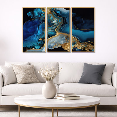 Géode abstraite dorée et marbre bleu IV - 3 pièces sur toile