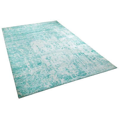 Hand-Knotted Wool Indian Turquoise Abstract Vintage Area Rug