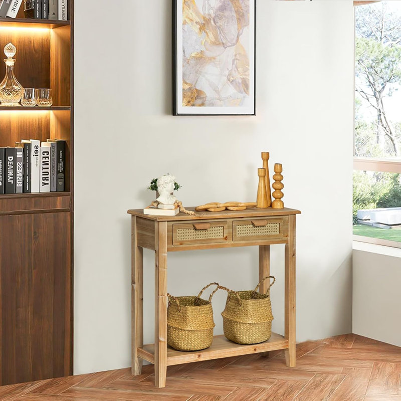 Farmhouse Console Table With 2 Rattan Drawers, 33" Long Narrow Boho Foyer Sofa Tables With Open Storage Shelves For Entryway, Hallway, Living Room, Natural