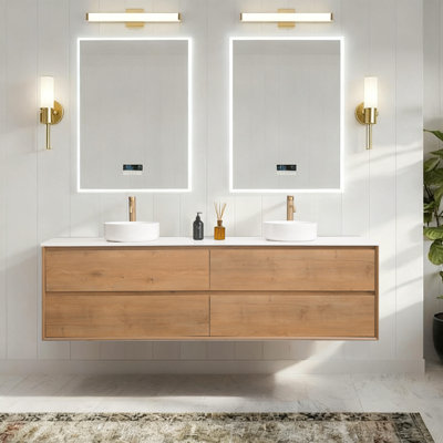 84" Wall Mounted Double Sink Bathroom Vanity With White Quartz Top