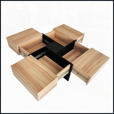 Table basse extensible à 4 voies avec 4 casiers de rangement cachés, plateau carré 31,5 po - panneau de particules robuste pour le salon