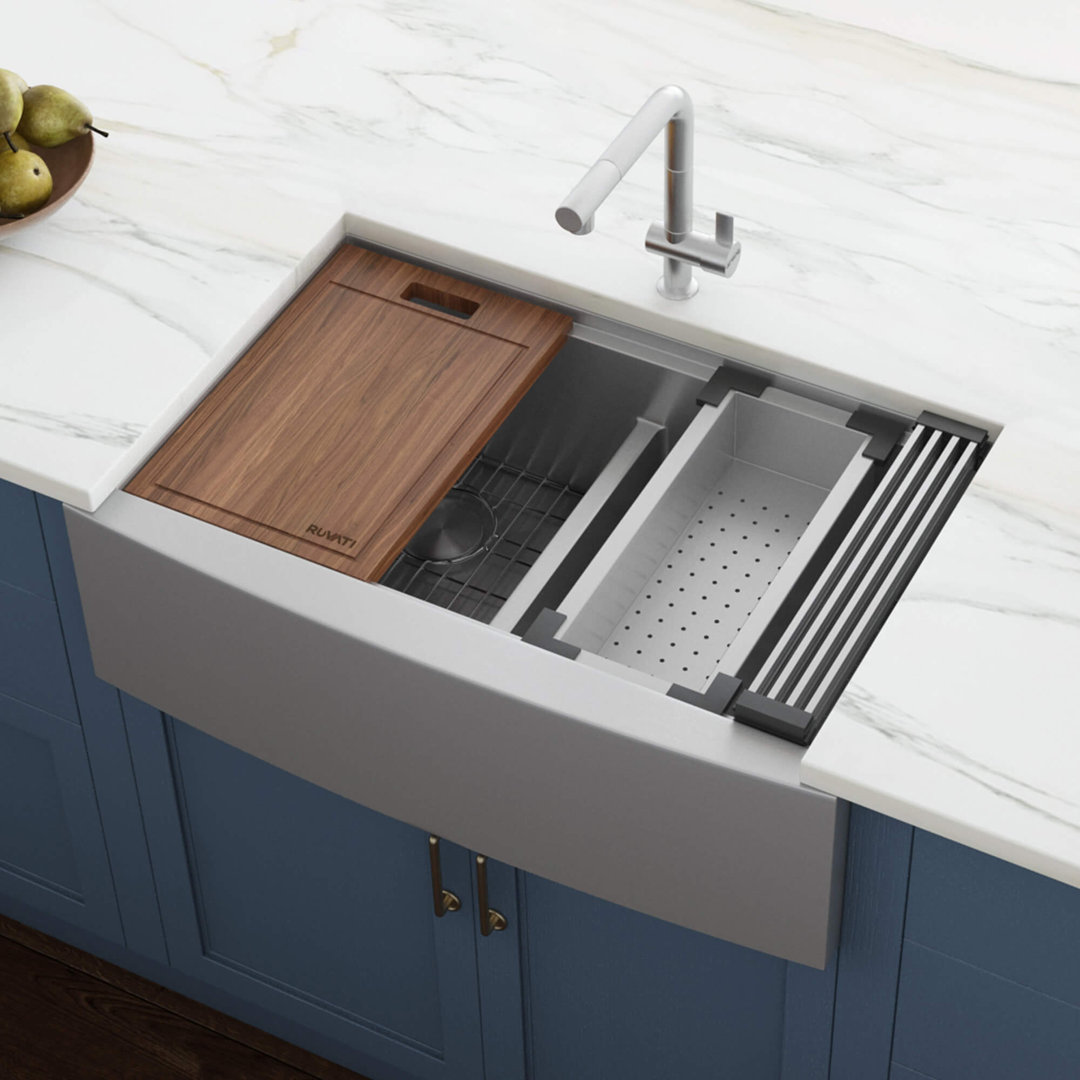 Ruvati 33" Apron-front Workstation Low-Divide  60/40 Farmhouse Kitchen Sink Stainless Steel Ruvati
