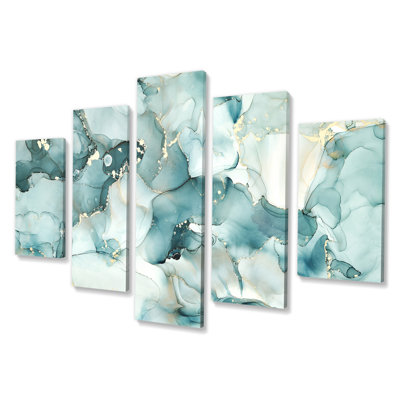 «Blue Luxury Abstract Fluid Art I», reproduction d'art sur toile moderne - 60 x 32 - 5 panneaux